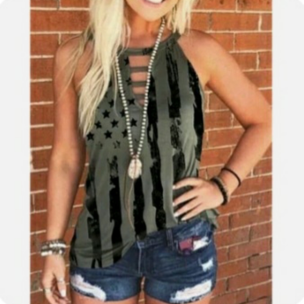 Womens Flag, Stars, & Stripes Army Green / Black Tank - M